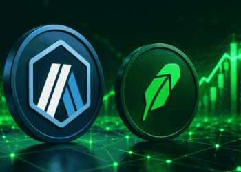 Logo de ARB, logo de Robinhood Chain, gráficos en verde.
