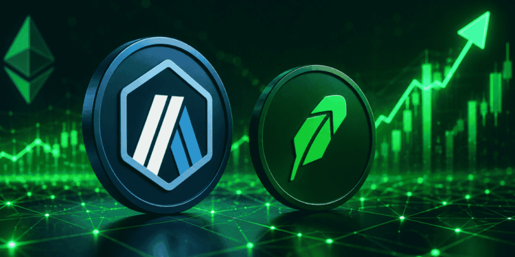 Logo de ARB, logo de Robinhood Chain, gráficos en verde.