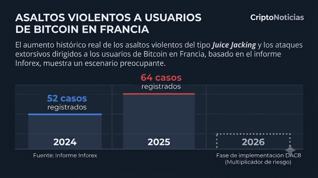 Infografía estadística sobre fondo oscuro con la identidad cromática de CriptoNoticias que detalla la evolución de los ataques violentos de tipo "home-jacking" a usuarios de criptomonedas en Francia. El gráfico muestra una escala ascendente de datos reales basados en el informe de la firma Inforex: el año 2024 registra 52 casos en tono azul institucional; el año 2025 escala a 64 casos destacados en color rojo de alerta; y el año 2026 se señala gráficamente como la fase de implementación de la directiva fiscal DAC8, catalogada como un factor multiplicador de riesgo ante la centralización masiva de datos patrimoniales.