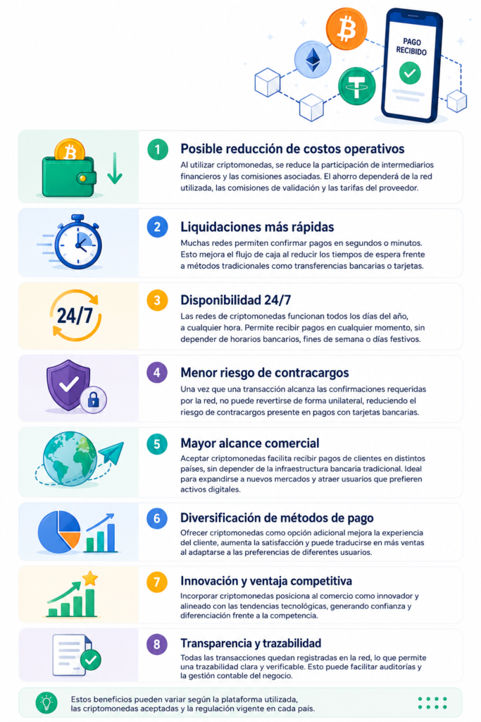 Infografía sobre los beneficios en aceptar pagos de criptomonedas