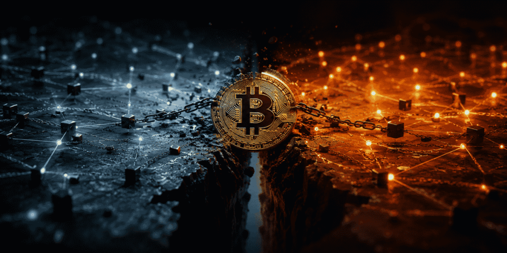 Una bifurcación rompiéndose, logo de btc en el medio.