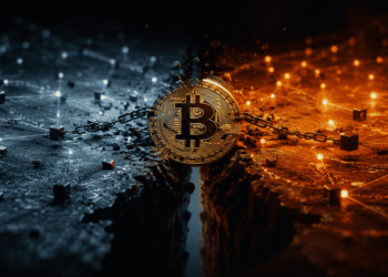 Una bifurcación rompiéndose, logo de btc en el medio.