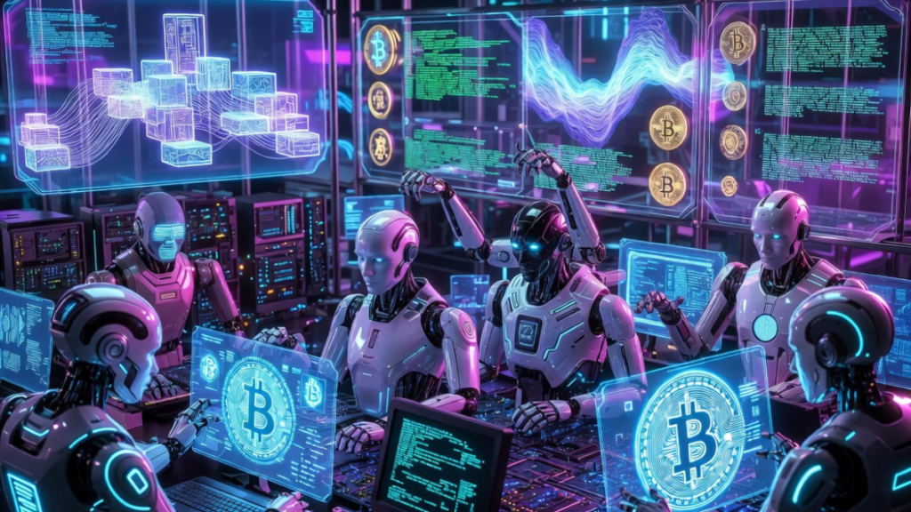 Robots de IA en un centro de desarrollo trabajando en el protocolo Bitcoin.