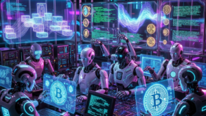 Robots de IA en un centro de desarrollo trabajando en el protocolo Bitcoin.