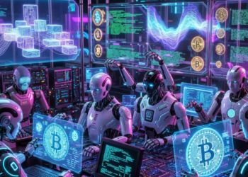 Robots de IA en un centro de desarrollo trabajando en el protocolo Bitcoin.