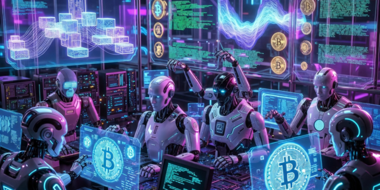 Robots de IA en un centro de desarrollo trabajando en el protocolo Bitcoin.