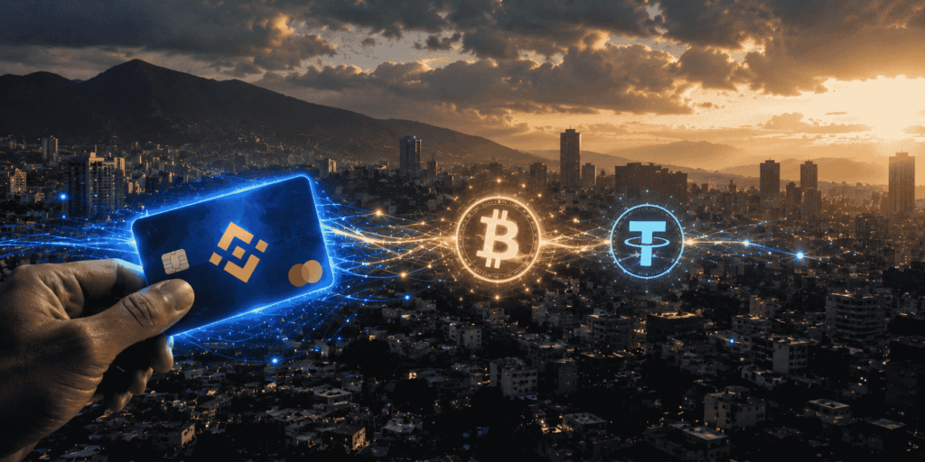 Imagen conceptual de una brecha visual entre dos mundos: el de las criptomonedas y el sistema bancario tradicional venezolano. A la izquierda, una mano sostiene una tarjeta de débito azul (Binance Card) que emite un brillo digital. El fondo sugiere una ciudad, posiblemente Caracas, con un atardecer de fondo.