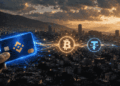 Imagen conceptual de una brecha visual entre dos mundos: el de las criptomonedas y el sistema bancario tradicional venezolano. A la izquierda, una mano sostiene una tarjeta de débito azul (Binance Card) que emite un brillo digital. El fondo sugiere una ciudad, posiblemente Caracas, con un atardecer de fondo.
