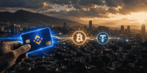 Imagen conceptual de una brecha visual entre dos mundos: el de las criptomonedas y el sistema bancario tradicional venezolano. A la izquierda, una mano sostiene una tarjeta de débito azul (Binance Card) que emite un brillo digital. El fondo sugiere una ciudad, posiblemente Caracas, con un atardecer de fondo.