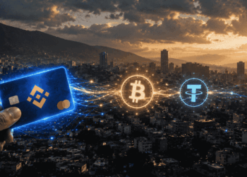 Imagen conceptual de una brecha visual entre dos mundos: el de las criptomonedas y el sistema bancario tradicional venezolano. A la izquierda, una mano sostiene una tarjeta de débito azul (Binance Card) que emite un brillo digital. El fondo sugiere una ciudad, posiblemente Caracas, con un atardecer de fondo.