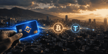 Imagen conceptual de una brecha visual entre dos mundos: el de las criptomonedas y el sistema bancario tradicional venezolano. A la izquierda, una mano sostiene una tarjeta de débito azul (Binance Card) que emite un brillo digital. El fondo sugiere una ciudad, posiblemente Caracas, con un atardecer de fondo.