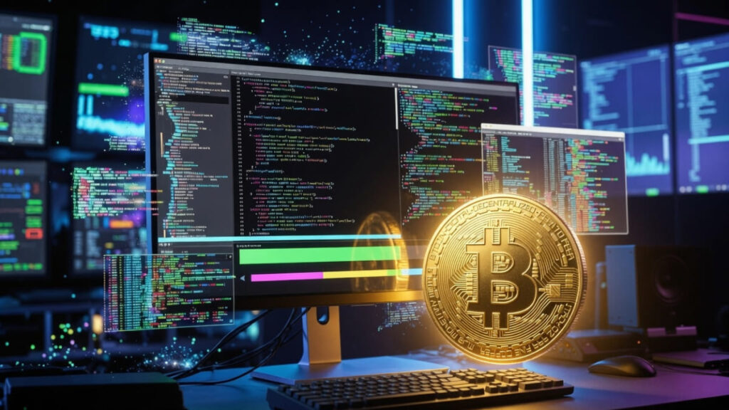 Una computadora corriendo un software junto a una moneda de Bitcoin.