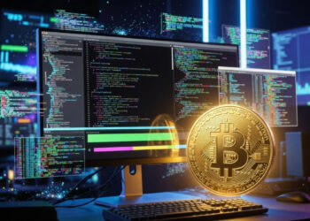 Una computadora corriendo un software junto a una moneda de Bitcoin.