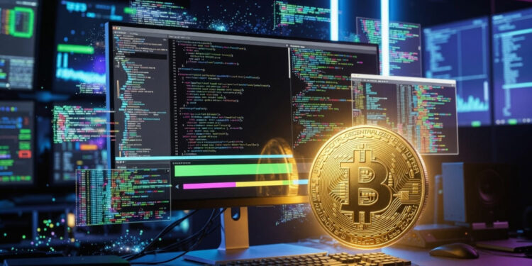 Una computadora corriendo un software junto a una moneda de Bitcoin.