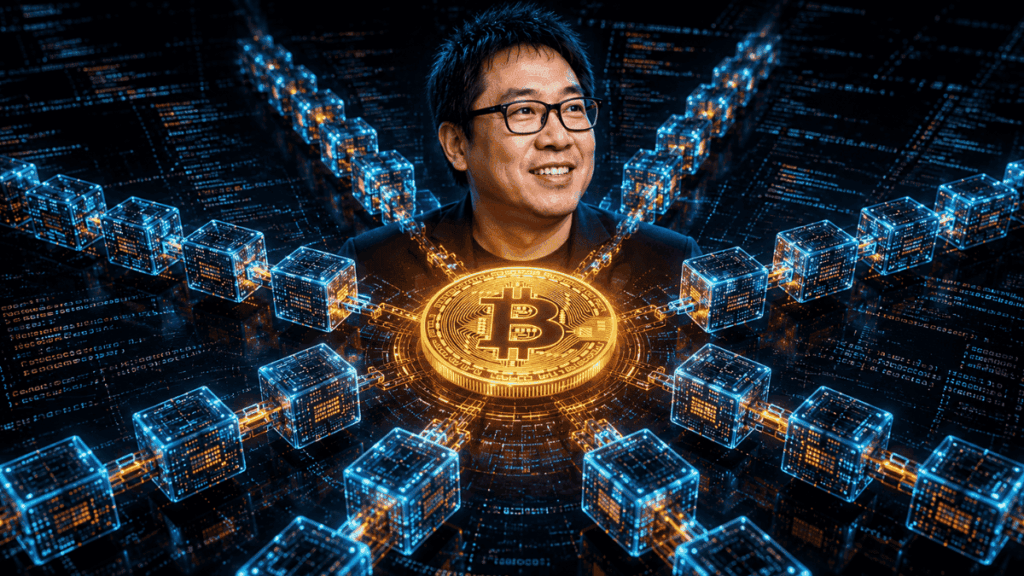 Una moneda de Bitcoin junto a redes de segunda capa y la cara del inversionista Samson Mow.