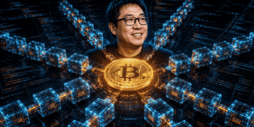 Una moneda de Bitcoin junto a redes de segunda capa y la cara del inversionista Samson Mow.