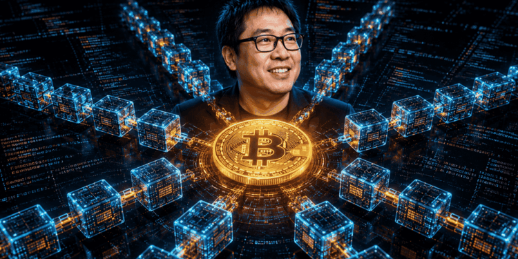 Una moneda de Bitcoin junto a redes de segunda capa y la cara del inversionista Samson Mow.