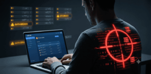 Ilustración fotográfica de estilo cinematográfico y atmósfera de suspenso sobre fondo oscuro. Un usuario de Bitcoin es visto desde atrás en una habitación en penumbra mientras opera una computadora portátil.
