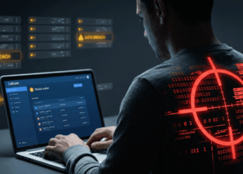 Ilustración fotográfica de estilo cinematográfico y atmósfera de suspenso sobre fondo oscuro. Un usuario de Bitcoin es visto desde atrás en una habitación en penumbra mientras opera una computadora portátil.