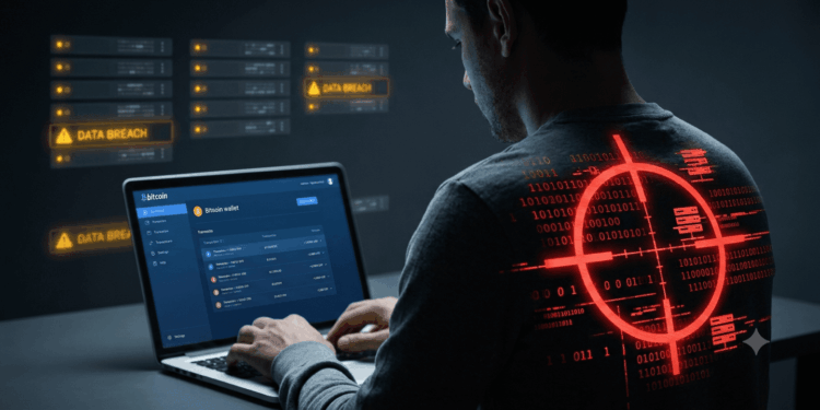Ilustración fotográfica de estilo cinematográfico y atmósfera de suspenso sobre fondo oscuro. Un usuario de Bitcoin es visto desde atrás en una habitación en penumbra mientras opera una computadora portátil.