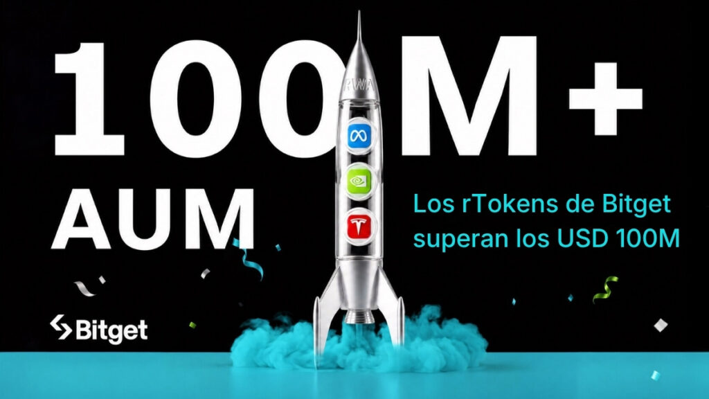 Promocional de Bitget, sus rTokens superan los USD 100 Millones en activos bajo gestión o AUM, con un cohete en el centro, con rTokens de Meta, Nvidia y Tesla