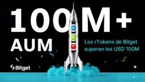 Promocional de Bitget, sus rTokens superan los USD 100 Millones en activos bajo gestión o AUM, con un cohete en el centro, con rTokens de Meta, Nvidia y Tesla