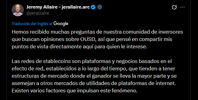 Captura de pantalla de un tweet de Jeremy Allaire, CEO y cofundador de Circle.
