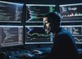Un hacker operando con computadoras.