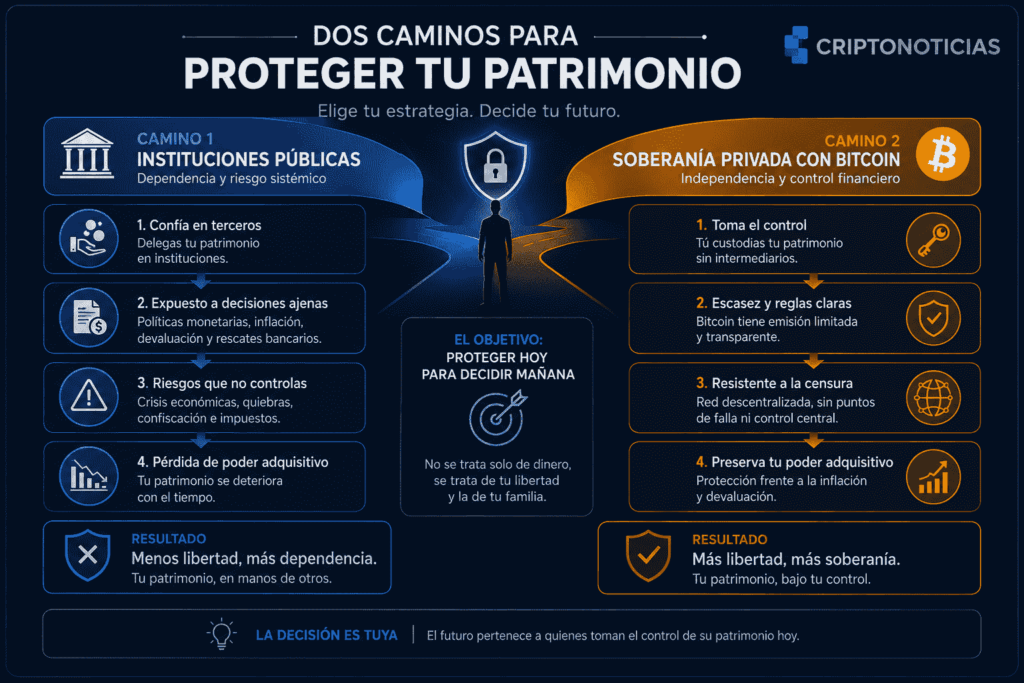 Infografía titulada "La estrategia de protección patrimonial". En la parte superior, un nodo central. Desde allí, una línea desciende y se bifurca en dos flechas. Izquierda: "Instituciones Públicas" con viñetas: peso respaldado por superávit, diversificación en fiat y bonos, trazabilidad y pagos cotidianos. Derecha: "Soberanía Privada" con viñetas: Bitcoin en autocustodia, protección contra el riesgo político, reserva de valor inmutable.
