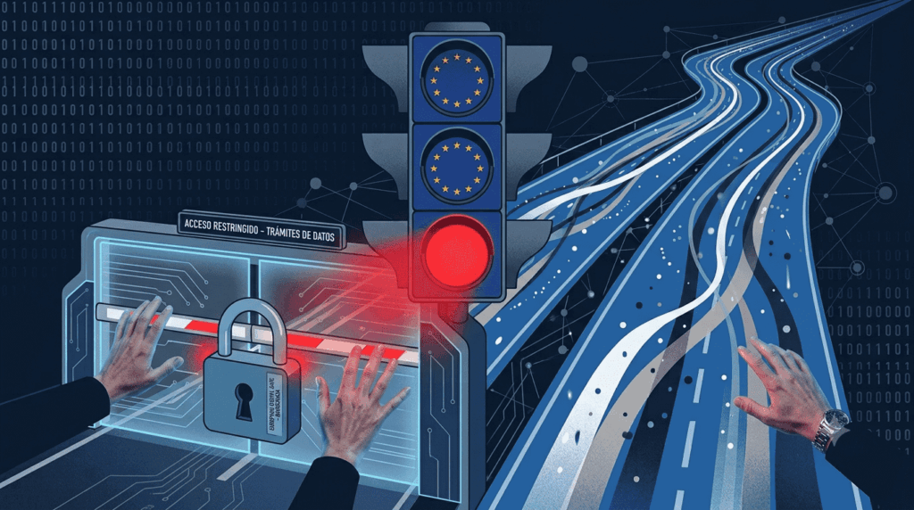 Ilustración de un semáforo europeo en rojo bloqueando una autopista de datos digital, con manos intentando abrir una puerta cerrada con candado. Simboliza el peaje burocrático para acceder a internet bajo la nueva regulación europea.
