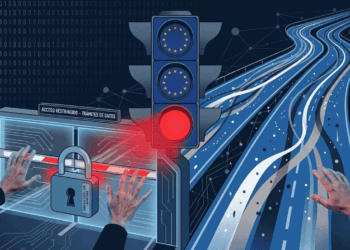 Ilustración de un semáforo europeo en rojo bloqueando una autopista de datos digital, con manos intentando abrir una puerta cerrada con candado. Simboliza el peaje burocrático para acceder a internet bajo la nueva regulación europea.