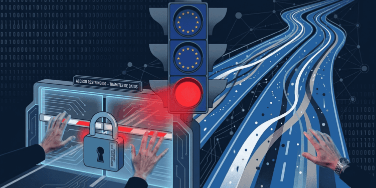 Ilustración de un semáforo europeo en rojo bloqueando una autopista de datos digital, con manos intentando abrir una puerta cerrada con candado. Simboliza el peaje burocrático para acceder a internet bajo la nueva regulación europea.
