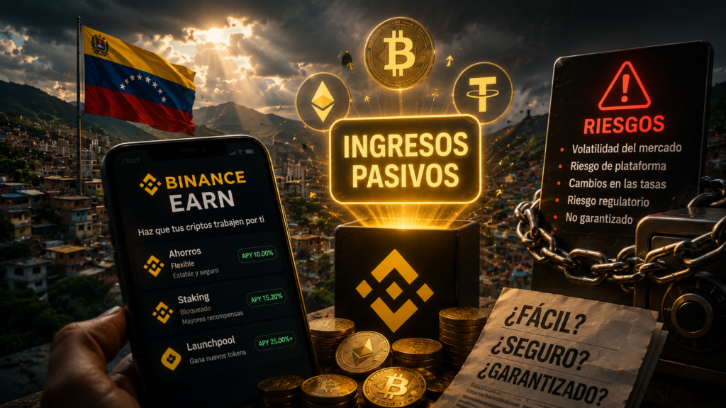 iagen creada con IA que presenta un paisaje de fondo con la bandera de Venezuela y en primer plano un calular con moviientos en Binance y un cartel que dice ingresos pasivos.