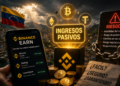 iagen creada con IA que presenta un paisaje de fondo con la bandera de Venezuela y en primer plano un calular con moviientos en Binance y un cartel que dice ingresos pasivos.