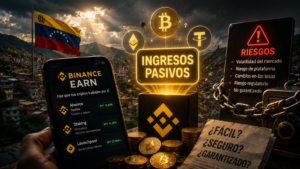 iagen creada con IA que presenta un paisaje de fondo con la bandera de Venezuela y en primer plano un calular con moviientos en Binance y un cartel que dice ingresos pasivos.