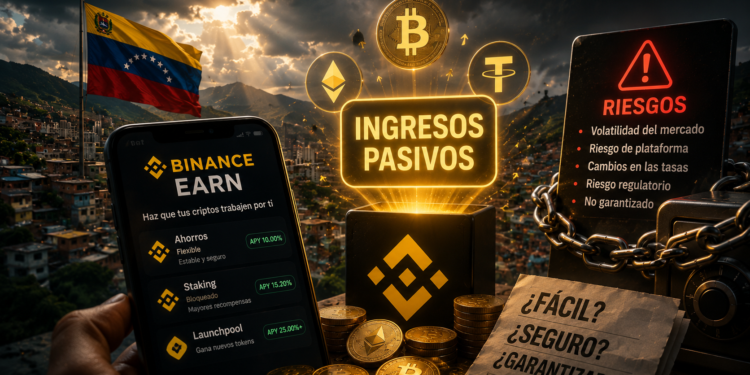 iagen creada con IA que presenta un paisaje de fondo con la bandera de Venezuela y en primer plano un calular con moviientos en Binance y un cartel que dice ingresos pasivos.
