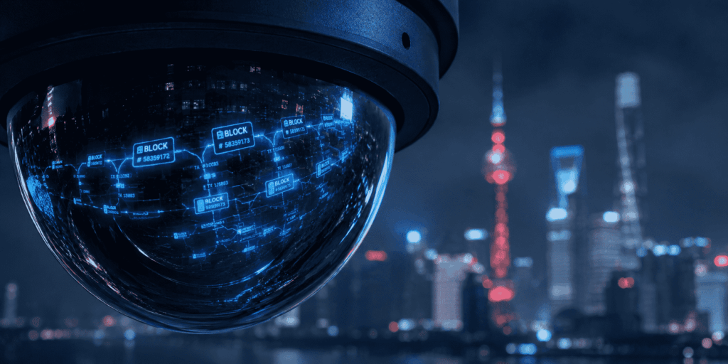 Primer plano conceptual de la lente de una cámara de seguridad esférica y oscura. En el reflejo curvo de su cristal se proyecta una brillante y compleja red de nodos y flujos de transacciones blockchain en tonos azul eléctrico y cian, simbolizando la vigilancia del Estado sobre los datos públicos. Al fondo, desenfocado con un suave efecto bokeh, se aprecia el skyline nocturno de Pekín bajo una atmósfera azulada y neblinosa.