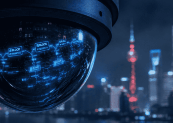 Primer plano conceptual de la lente de una cámara de seguridad esférica y oscura. En el reflejo curvo de su cristal se proyecta una brillante y compleja red de nodos y flujos de transacciones blockchain en tonos azul eléctrico y cian, simbolizando la vigilancia del Estado sobre los datos públicos. Al fondo, desenfocado con un suave efecto bokeh, se aprecia el skyline nocturno de Pekín bajo una atmósfera azulada y neblinosa.