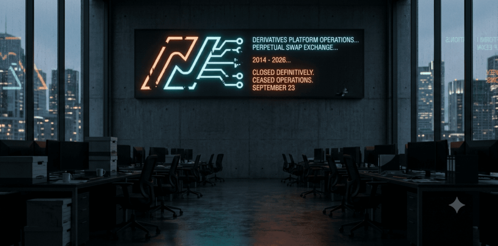 Fotografía conceptual de estilo realista que muestra una sala de servidores y monitores corporativos oscuros y vacíos en una oficina financiera. En la pared del fondo, una pantalla LED principal exhibe el logotipo de un exchange de derivados en neon apagándose junto con el mensaje "Ceased Operations. September 23", simbolizando el cierre definitivo de la plataforma en un ambiente sombrío de gran tamaño.