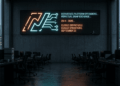 Fotografía conceptual de estilo realista que muestra una sala de servidores y monitores corporativos oscuros y vacíos en una oficina financiera. En la pared del fondo, una pantalla LED principal exhibe el logotipo de un exchange de derivados en neon apagándose junto con el mensaje "Ceased Operations. September 23", simbolizando el cierre definitivo de la plataforma en un ambiente sombrío de gran tamaño.