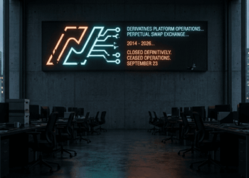 Fotografía conceptual de estilo realista que muestra una sala de servidores y monitores corporativos oscuros y vacíos en una oficina financiera. En la pared del fondo, una pantalla LED principal exhibe el logotipo de un exchange de derivados en neon apagándose junto con el mensaje "Ceased Operations. September 23", simbolizando el cierre definitivo de la plataforma en un ambiente sombrío de gran tamaño.