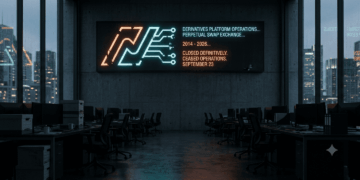 Fotografía conceptual de estilo realista que muestra una sala de servidores y monitores corporativos oscuros y vacíos en una oficina financiera. En la pared del fondo, una pantalla LED principal exhibe el logotipo de un exchange de derivados en neon apagándose junto con el mensaje "Ceased Operations. September 23", simbolizando el cierre definitivo de la plataforma en un ambiente sombrío de gran tamaño.