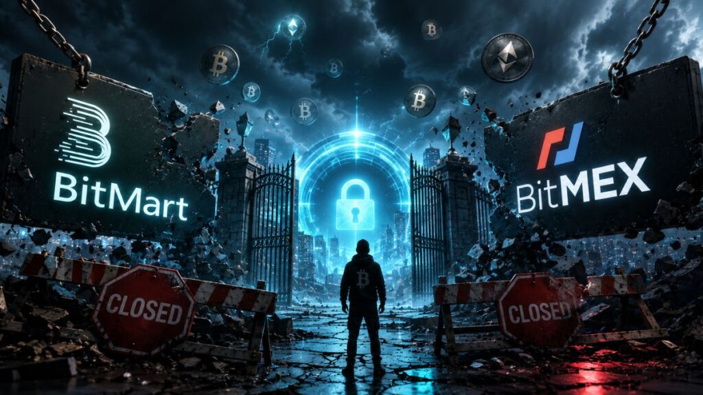 Los cierres de BitMart y BitMex no señalan debilidad en la industria de las criptomonedas. Imagen: CriptoNoticas con ChatGPT.