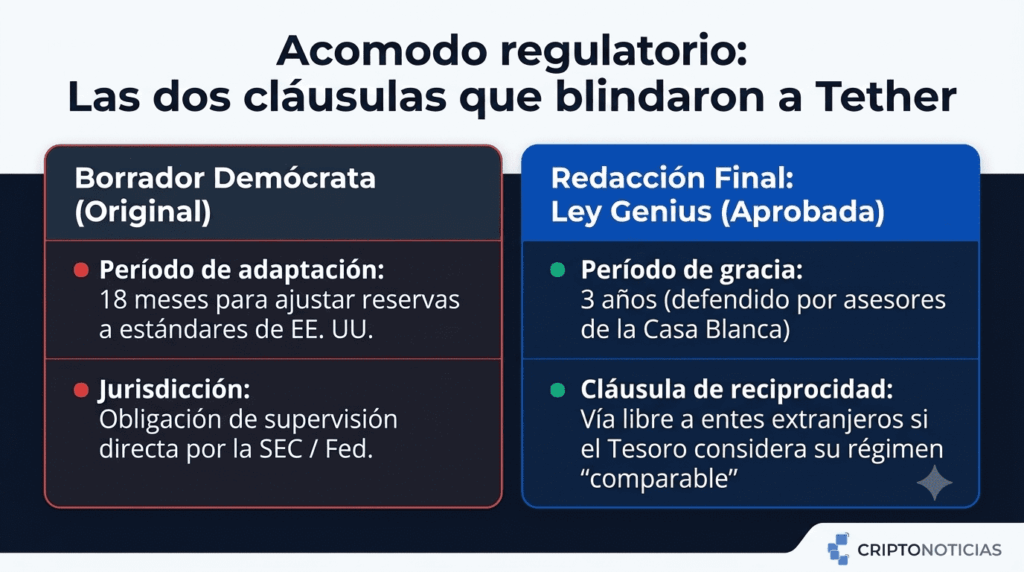 Infografía comparativa de CriptoNoticias que contrasta el borrador demócrata original con la redacción final de la Ley Genius. A la izquierda se detalla un período de adaptación de 18 meses y la supervisión directa de la SEC o la Fed. A la derecha se destacan los tres años de período de gracia y la cláusula de reciprocidad para entes extranjeros.
