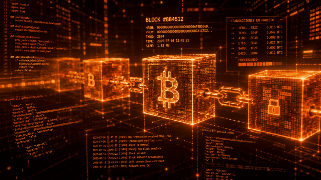 La cadena de bloques de Bitcoin procesando datos y transacciones.