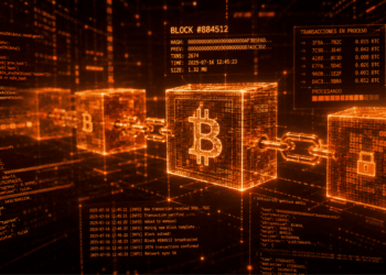 La cadena de bloques de Bitcoin procesando datos y transacciones.