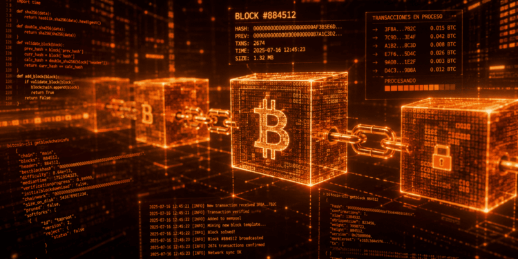 La cadena de bloques de Bitcoin procesando datos y transacciones.