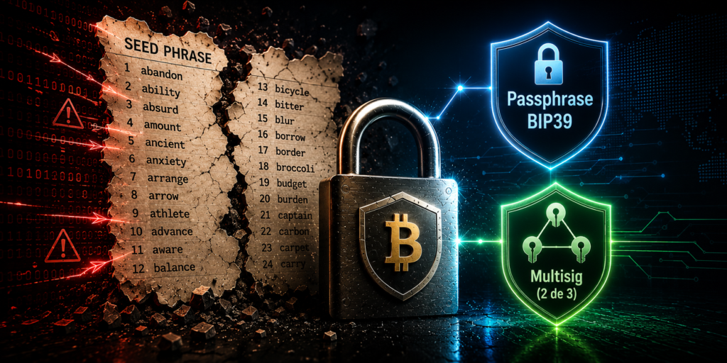 Una frase semilla escrita en un papiro roto; al lado, un candado con el logo de Bitcoin y dos derivaciones extra de seguridad: Passphrase BIP39 y Multisig (2 de 3)