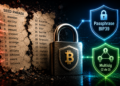 Una frase semilla escrita en un papiro roto; al lado, un candado con el logo de Bitcoin y dos derivaciones extra de seguridad: Passphrase BIP39 y Multisig (2 de 3)