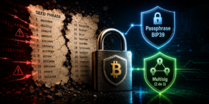 Una frase semilla escrita en un papiro roto; al lado, un candado con el logo de Bitcoin y dos derivaciones extra de seguridad: Passphrase BIP39 y Multisig (2 de 3)